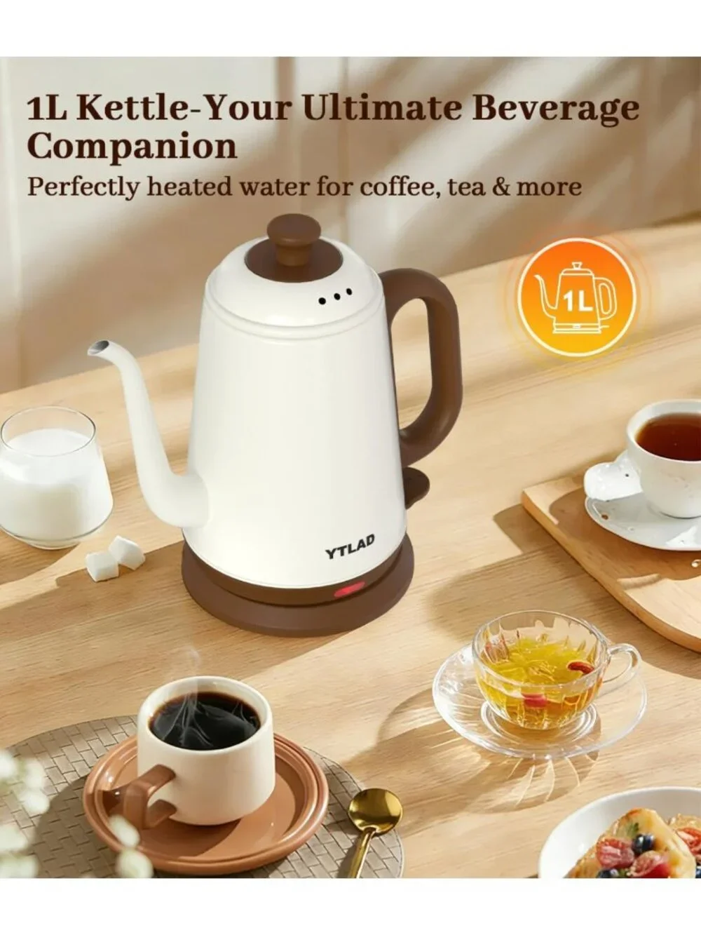 1L Gooseneck Electric Kettle - Fast Boiling, Stainless Steel, Auto Shut-Off